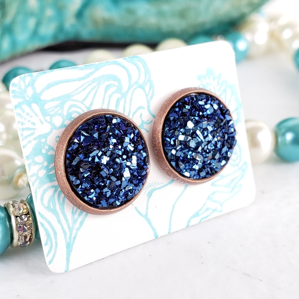 Dark Blue Acrylic Druzy Flatback Earrings